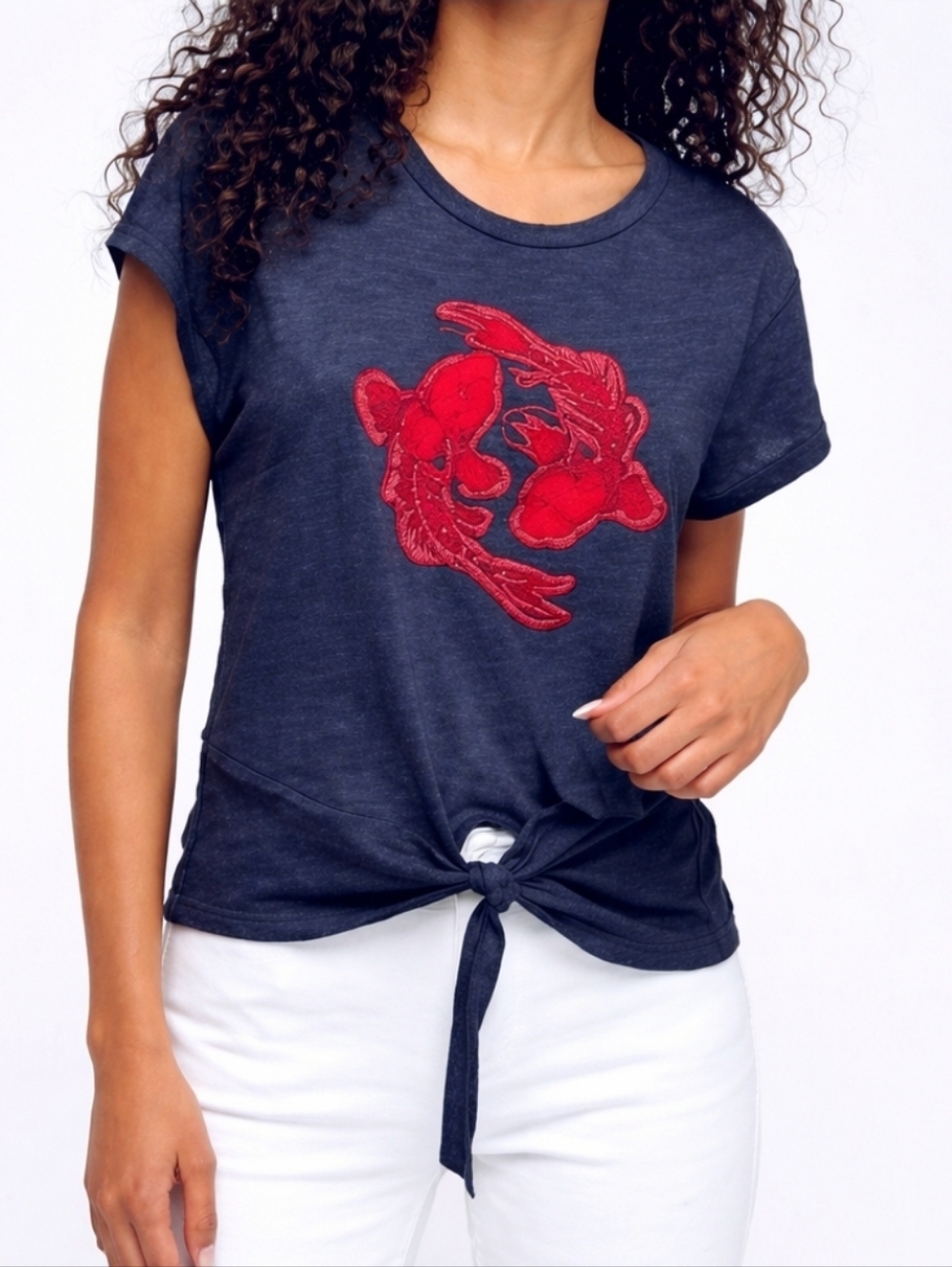 We The Free Navy Blue Tie-Front Tee with Red Koi Graphic Short Sleeve Tee Medium